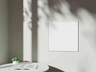 Empty framed canvas for mockups and art illustrations in minimalist room interior