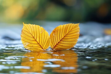 Wall Mural - Two Golden Leaves Floating on a Calm Stream