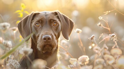 Wall Mural -  A tight shot of a dog in a field, surrounded by tall grass and flowers in the foreground, while the background gently blurs