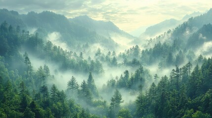 Wall Mural - misty morning in a serene forest valley surrounded by mountains in the early hours of dawn