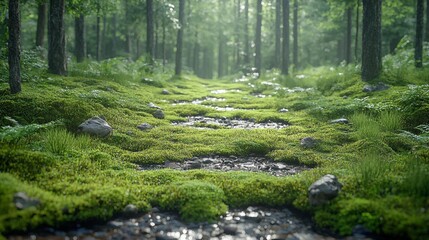 Wall Mural - a tranquil forest path surrounded by lush greenery and a meandering stream in early morning light