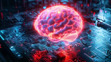 Poster - holographic red human brain rotating above a glowing printed circuit board. concept about artificial