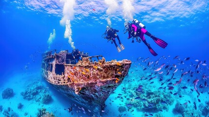 Scuba Divers Exploring Sunken Shipwreck with Tropical Fish