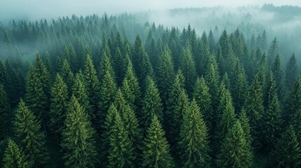 Wall Mural - dense evergreen forest shrouded in mist during early morning hours, showcasing vibrant trees and a s
