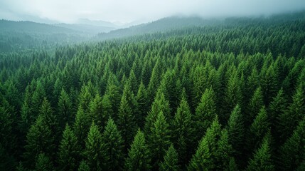 Wall Mural - mist-covered evergreen forest landscape in early morning light showcasing lush greenery and mountain