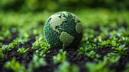 A small green globe rests on fresh soil surrounded by vibrant green plants in a serene garden setting