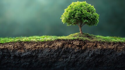 Wall Mural - a solitary tree thrives on a small mound of earth, surrounded by green grass in a serene, misty envi
