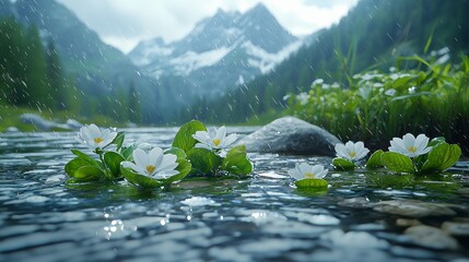Wall Mural - a serene stream with blooming white flowers and mountains in the background during a gentle rain sho