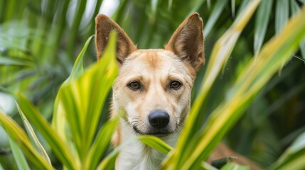 Wall Mural -  A tight shot of a dog gazing at the camera, framed by plant leaves, amidst a softly blurred backdrop