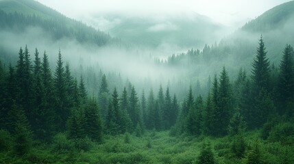 Wall Mural - misty green landscape covered in fog with dense evergreen trees in a mountainous region during early