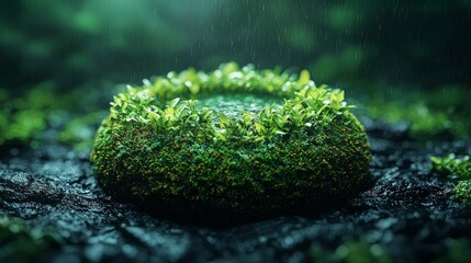 Wall Mural - a round moss-covered stone surrounded by small green plants under gentle rainfall in a serene forest