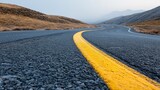 A wide-angle perspective of a winding road with a yellow centerline, cutting through dry, barren hills, representing an ongoing journey through a desolate yet picturesque landscape.