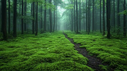 Wall Mural - a serene forest path lined with lush green moss under soft, diffused light during early morning hour