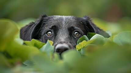 Wall Mural -  A tight shot of a dog's expression, eyes wide, emerging from bush leaves