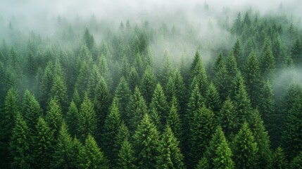 Wall Mural - lush green pine forest shrouded in morning mist creates a serene landscape at dawn