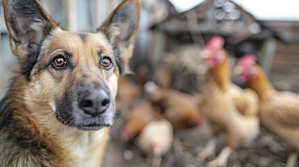 Wall Mural -  A close-up of a dog gazing at the camera, behind it, a group of chickens