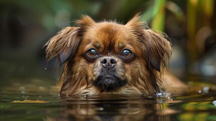 Wall Mural -  A tight shot of a dog's head above water, eyes gazing directly into the camera