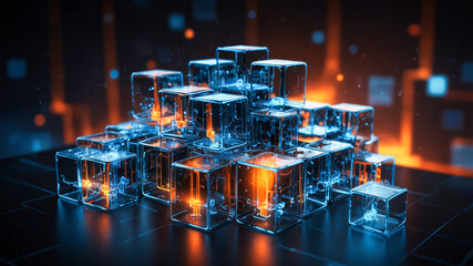 Poster - Interconnected transparent cubes in an abstract technology composition
