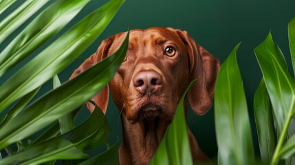 Wall Mural -  A tight shot of a dog in front of a plant in the foreground, surrounded by a green background wall