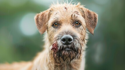 Wall Mural -  A tight shot of a wet canine with a missing chunk from its jaws, surrounded by trees in the distance