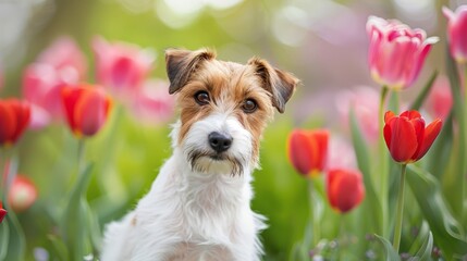 Wall Mural -  A brown-and-white dog stands before a vibrant field of red and pink tulips; background softly blurred