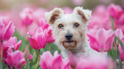 Wall Mural -  A tiny white dog staring sadly in a field of pink tulips