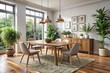 © DigitalArt Max - A modern dining room is elevated by the rustic charm of a wooden Pier One table, paired with