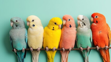 A lively and colorful image featuring six vibrant birds perched in a row on a branch against a turquoise background, displaying their distinct and dazzling feather patterns.