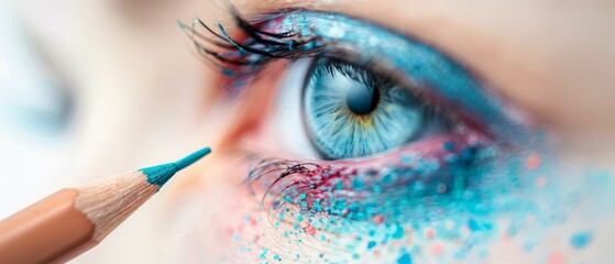 Poster -  A tight shot of an eye, adorned with a blue eyeliner, and a nearby pencil