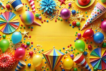 Wall Mural - Colorful party celebration with balloons hats and confetti on yellow background