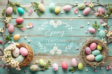 Wall Mural - Easter springtime template with pastel hues and rustic textures