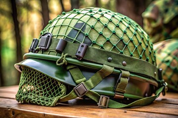 A sleek green military helmet donned with black straps and tattered camouflage net, perfect blend of functionality and