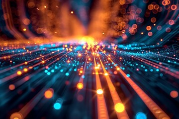 Poster - Vibrant abstract digital flow with blue and orange lights in a futuristic environment
