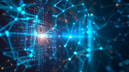 Poster - Digital security network with a glowing padlock symbol during nighttime