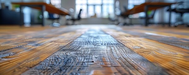 Wall Mural - A beautifully crafted wooden floor in a modern, brightly lit open office space with blurred chairs and desks in the background