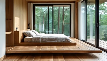 Serene minimalist bedroom featuring a wooden platform bed, bathed in natural light from sliding glass doors.