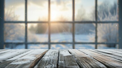 Poster - Blurred winter window background with wooden table.