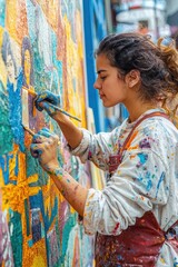 young woman artist painting colorful mural in urban city street art