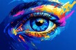 © Avve Diana  - Blue eye with colorful paint splatters on it's face and eyeball lens with black background with multicolored paint splatters. generative AI.