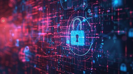 Poster - Digital network security lock on a vibrant abstract background with colorful data streams