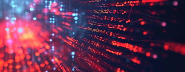 Poster - Abstract digital data flow visual with vibrant blue and red lights in a dark background