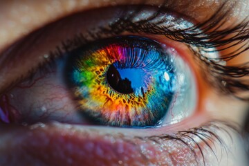 Colorful paint splashes and drippings on human eye close up