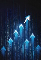 Poster - Dynamic stock market graph with ascending blue arrows indicating growth and financial success in digital space.