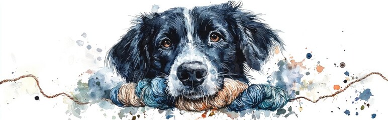 Wall Mural - Charming Watercolor Portrait of a Dog with Yarn - A Playful and Colorful Artistic Display