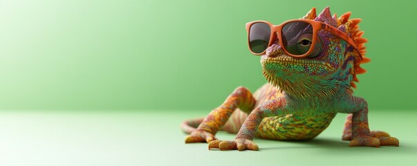 A chameleon in sunglasses on a solid color background. A modern art, digital art, facets, minimals, abstracts, panorama background.