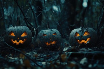 Wall Mural - Three Glowing Jack-O'-Lanterns in a Dark Forest