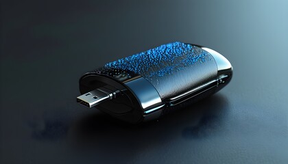 Sleek futuristic black USB drive illuminated by vibrant blue accents