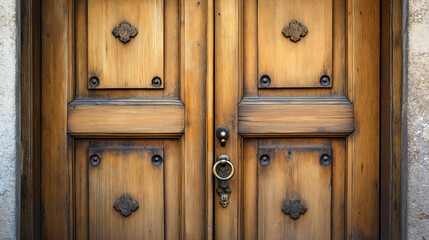 Old wooden rustic door, aged and grunge texture creating vintage look. Weathered oak wood with brown details, rusty iron handle, lock, and keyhole. Rough surface and textured metal elements