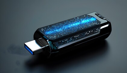 Sleek futuristic black USB drive illuminated by vibrant blue accents