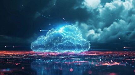 Aufkleber - Digital cloud representing data storage amidst a futuristic cityscape at night